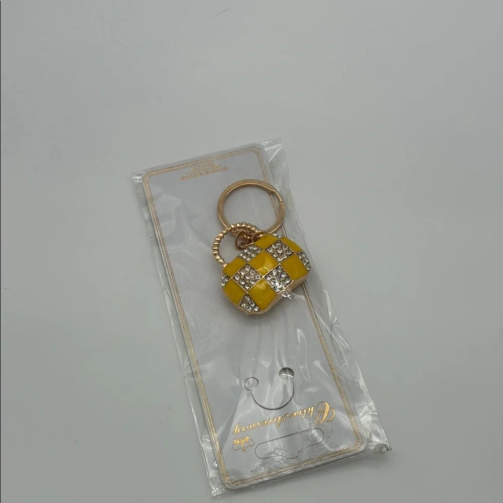 NWT Yellow Checkered bag Keychain with Gold Accents